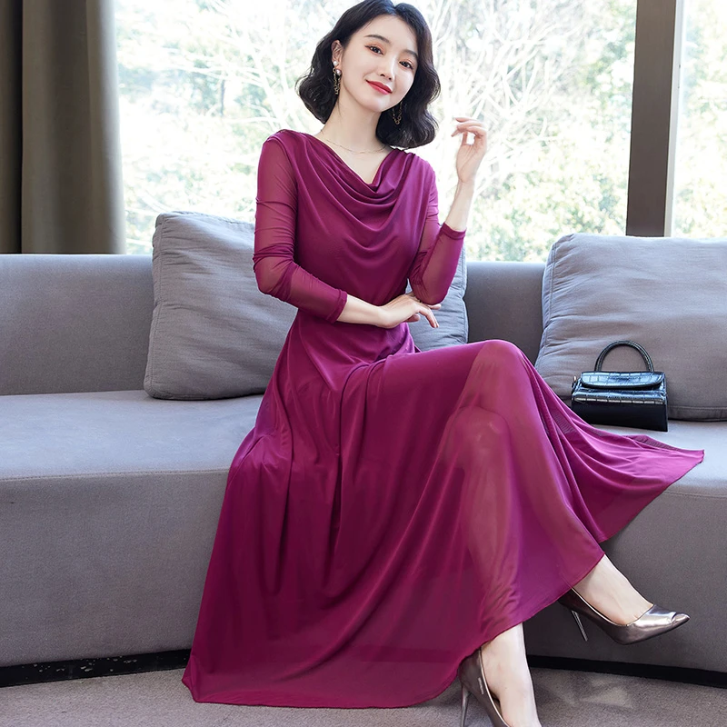 春夏气质网纱长袖连衣裙女2025新款修身显瘦中长款洋气时尚长裙