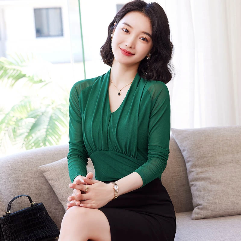 春秋v领网纱上衣女2025年新款内搭洋气小衫修身显瘦t恤长袖打底衫