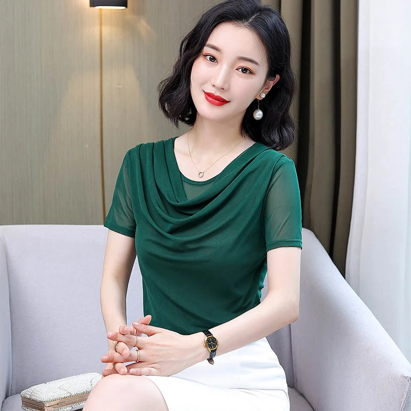 【笑笑老师同款】夏季短袖女2025新款网纱上衣气质显瘦t恤v领小衫