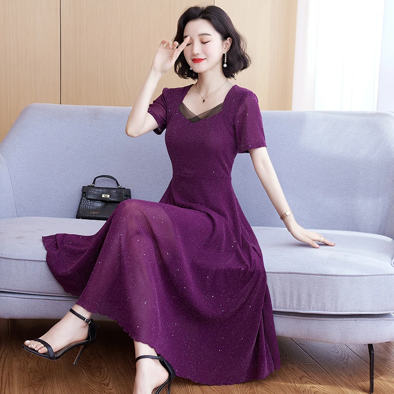 气质短袖网纱连衣裙女2025新款夏季长款大码收腰显瘦过膝长裙子