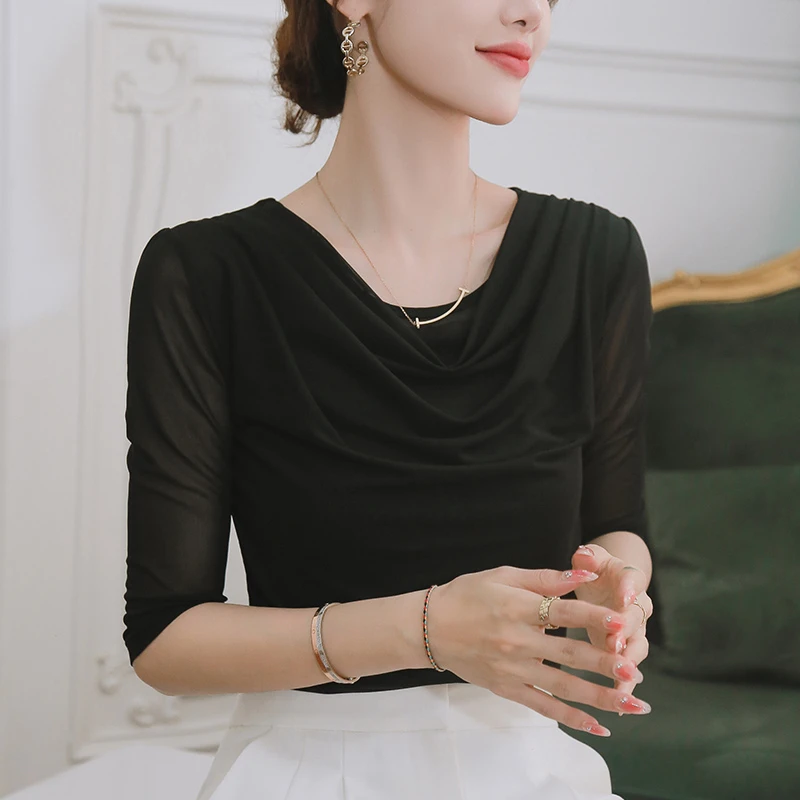 网纱上衣女夏2025年新款时尚气质修身显瘦五分袖堆堆领t恤小衫