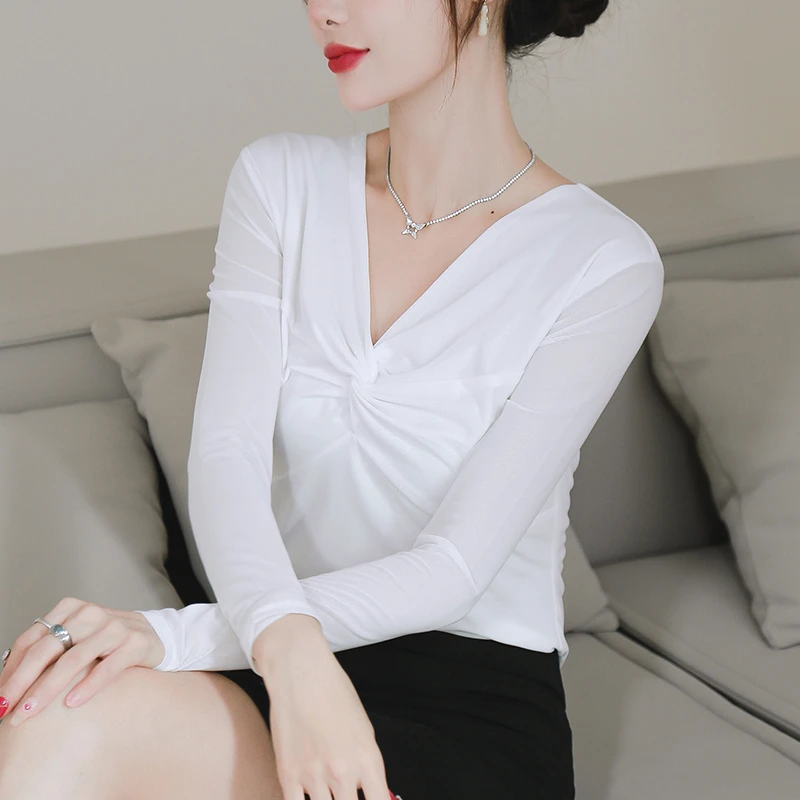 【齐姐专属】网纱上衣女长袖2024新款洋气小衫显瘦t恤长袖打底衫