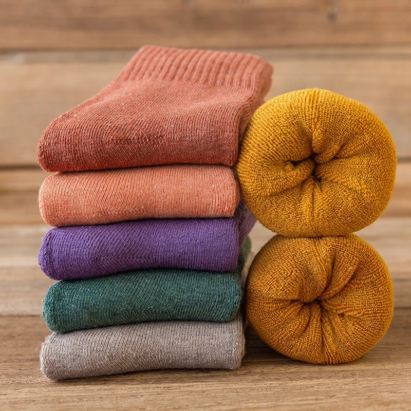 冬季加绒加厚保暖纯棉纯色毛圈袜地板袜男女中筒棉袜不冻脚防臭袜