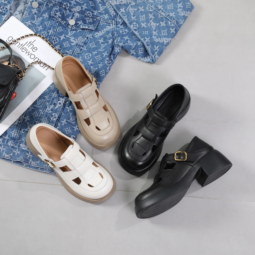 牛皮包头凉鞋女真皮厚底平跟休闲凉鞋透气镂空洞洞猪笼鞋夏季6109