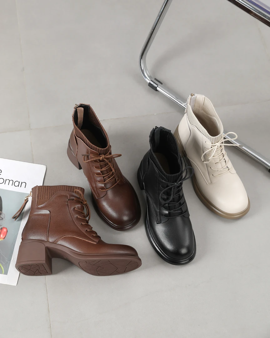 牛皮真皮系带圆头弹力针织2024秋冬新款高跟瘦瘦短靴女8772