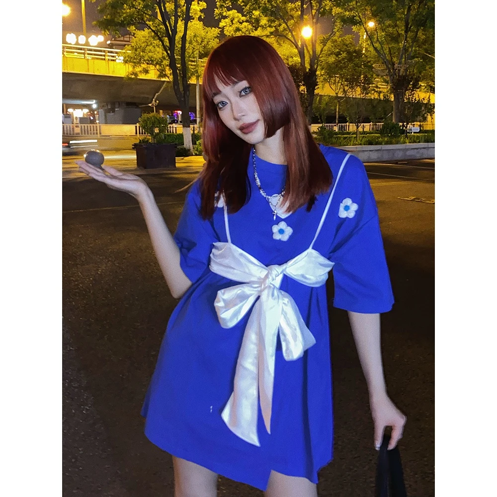 ISTYNI蝴蝶结绑带T恤裙设计感连衣裙女夏季