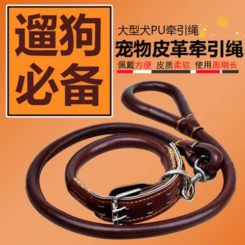 狗狗牵引绳柔软皮革中型大型犬金毛拉布拉多加粗项圈遛狗绳狗链子