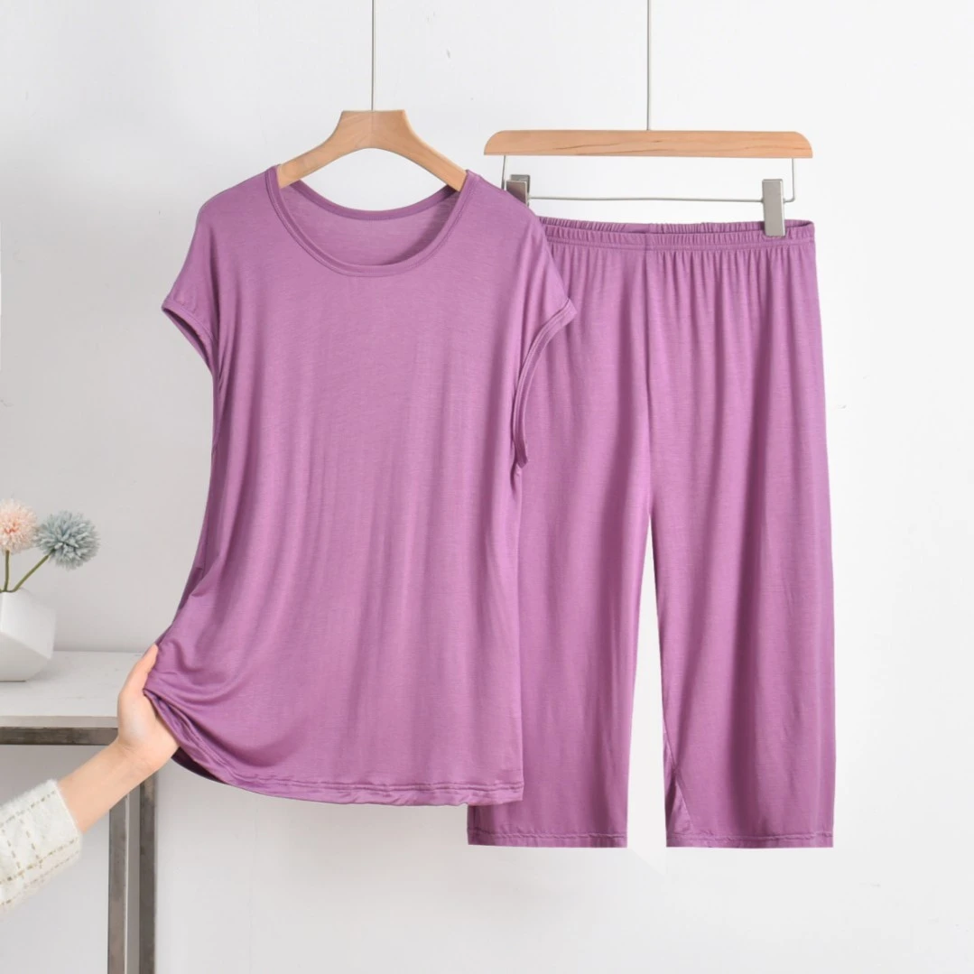 莫代尔短袖睡衣女七分裤两件套宽松大码胖mm200斤休闲家居服套装