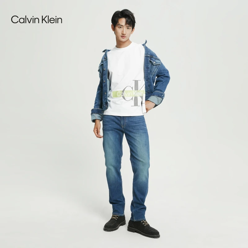 CK Jeans春夏男士合体版简约贴片猫须中蓝水洗弹力牛仔裤J320954
