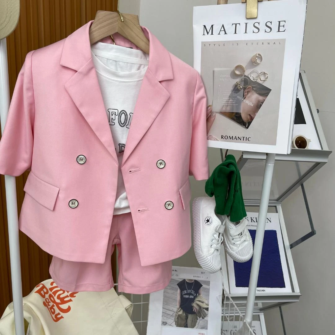 男女童小西装套装韩版短袖短裤主持人礼服花童走秀儿童帅气西服