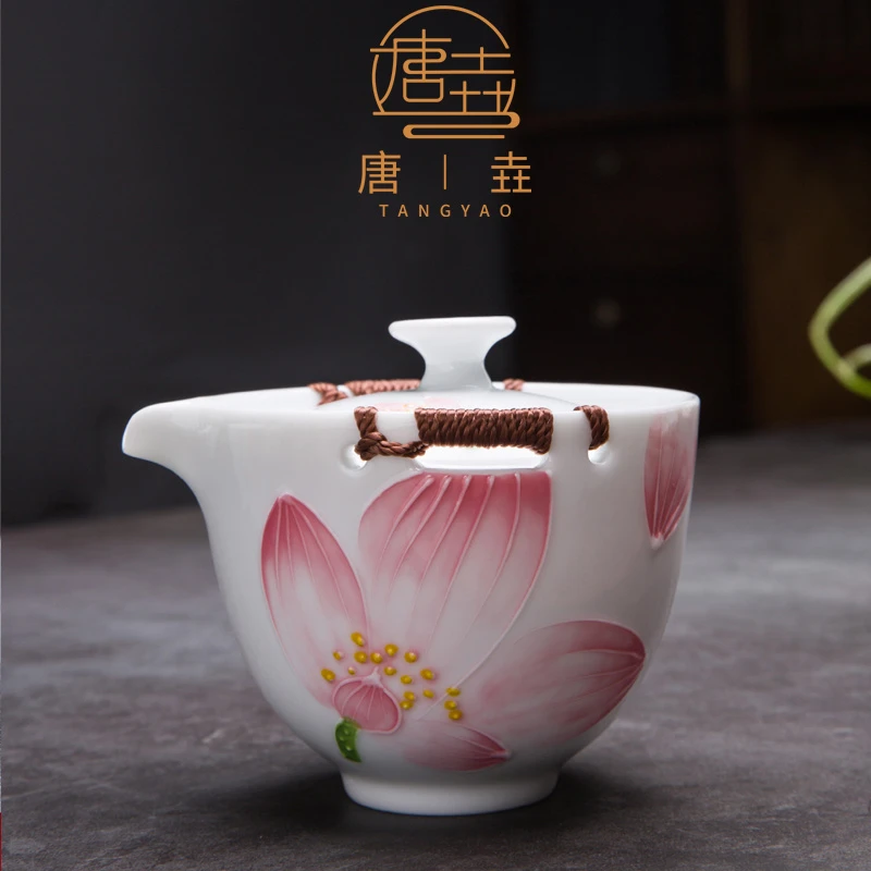唐垚青花手抓壶泡大号茶碗陶瓷功夫茶具盖碗茶杯家用日式浮雕茶壶