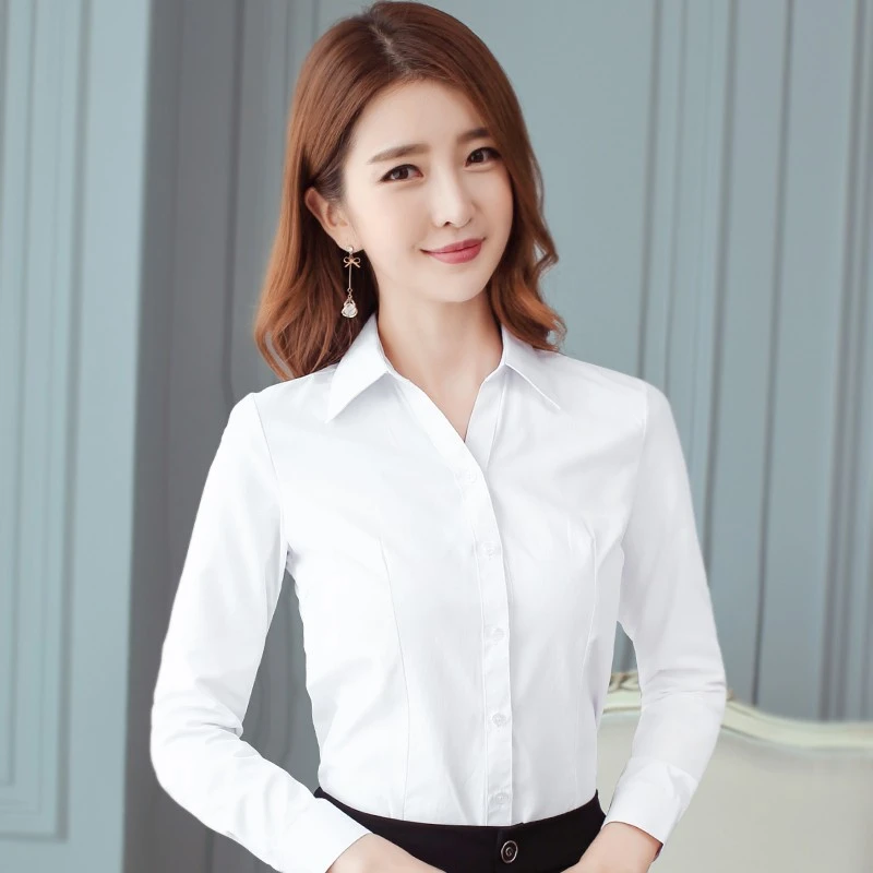 白色衬衫女长袖工作服修身正装工装职业气质韩版打底春夏白衬衣寸