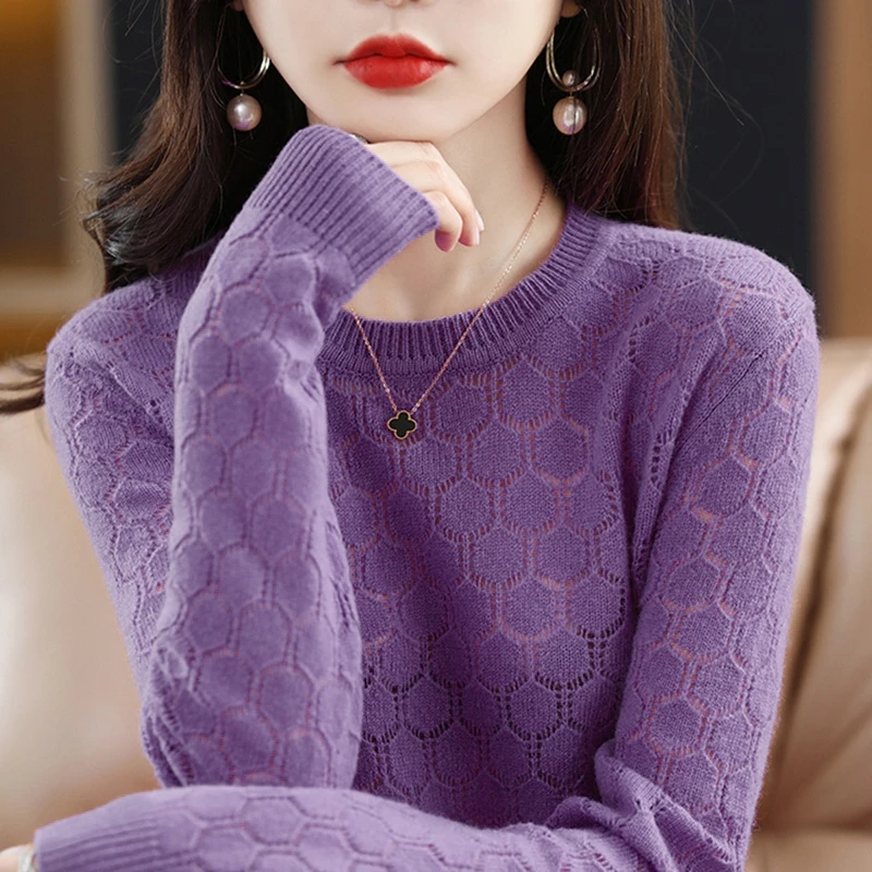 绒女【六边花型镂空】羊毛女圆领长袖YM088