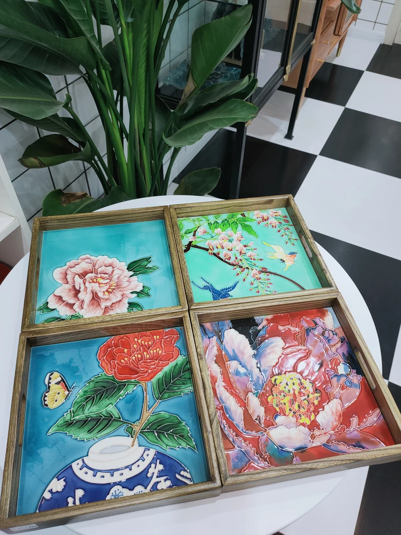 瓷板画托盘浮雕茶盘实木