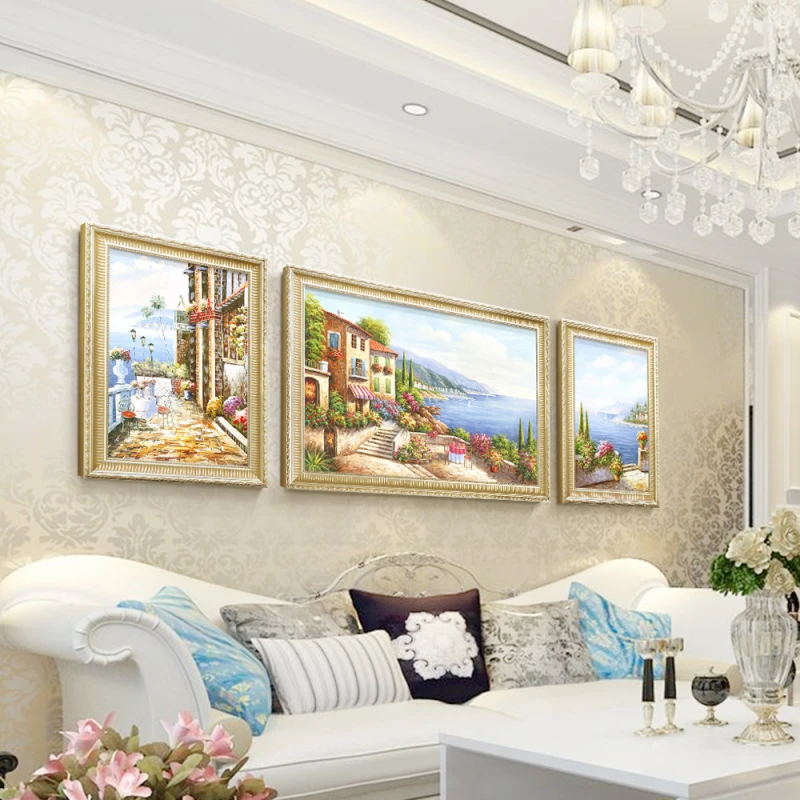 璇美客厅装饰画简欧三联地中海风景油画欧式沙发背景墙挂画壁画