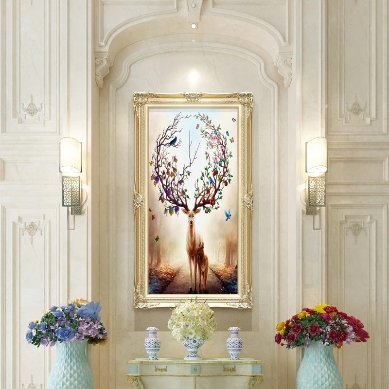 璇美招财福禄欧式玄关装饰画走廊过道别墅挂画简欧壁画动物鹿油画