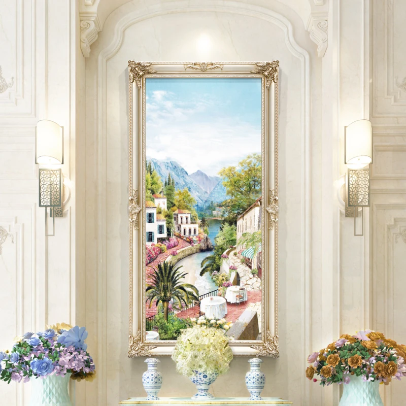 璇美玄关装饰画欧式竖版地中海风景油画入户挂画美式过道装饰壁画