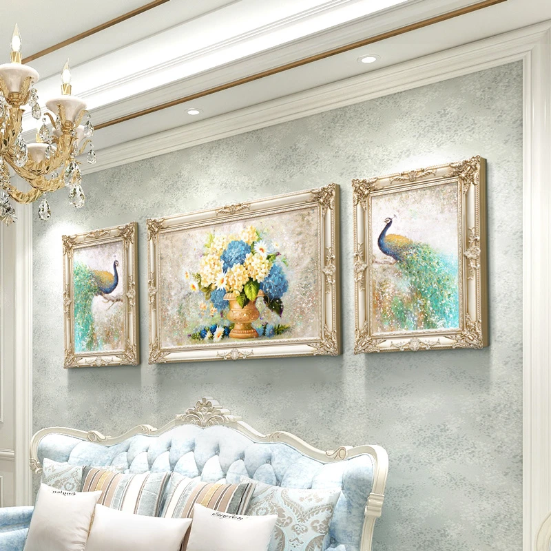 欧式客厅装饰画三联大气孔雀花卉组合沙发背景墙挂画简欧风格油画