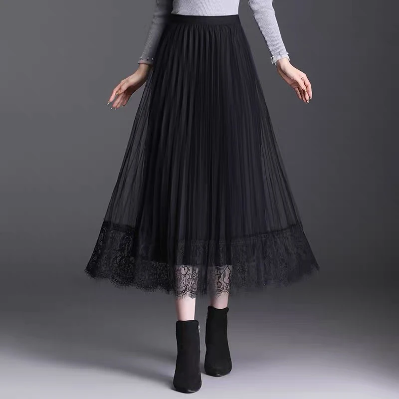 【崔万志优选】两面穿百褶裙女春秋新款秋冬半身裙中长款显瘦网纱裙