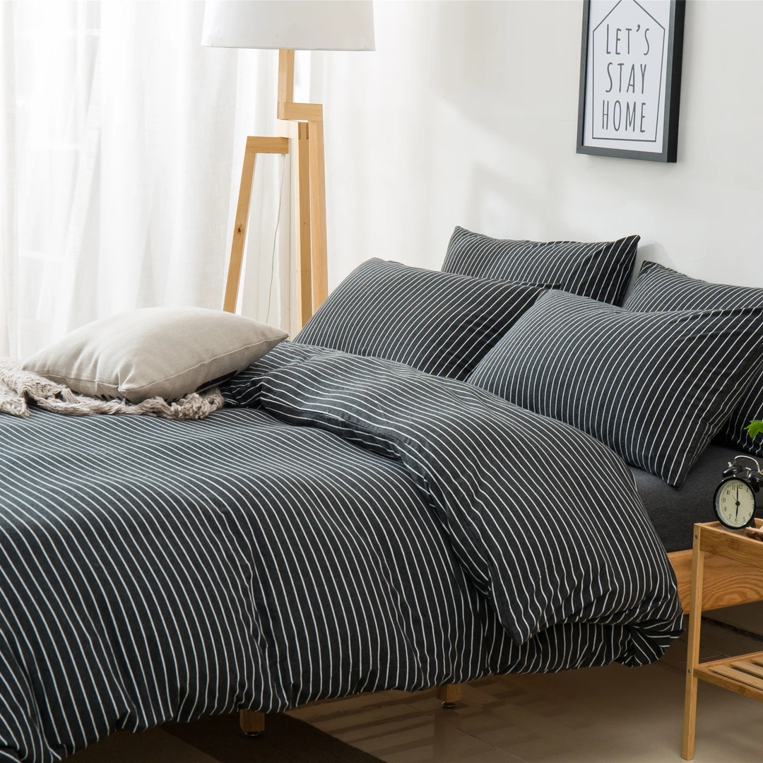 黑白细条天竺棉床笠被套四件套全棉ins风床单宿舍床上三件套