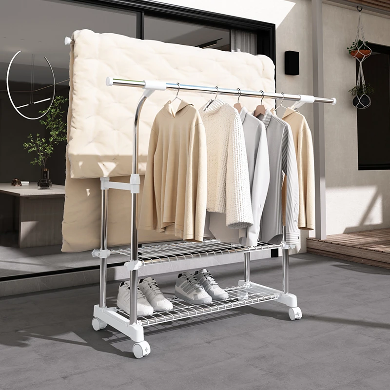 家用落地室内晾衣架不锈钢可伸缩折叠双杆式晒挂凉阳台卧室衣杆子