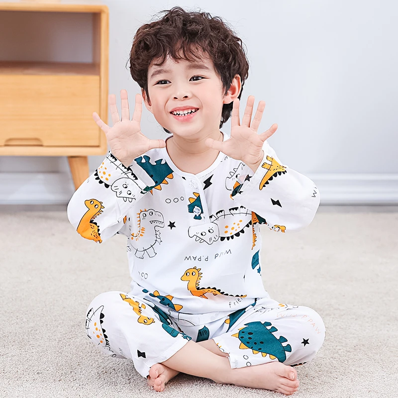 夏季长袖绵绸睡衣男童女童女孩棉绸薄款宝宝人造棉空调家居服套装