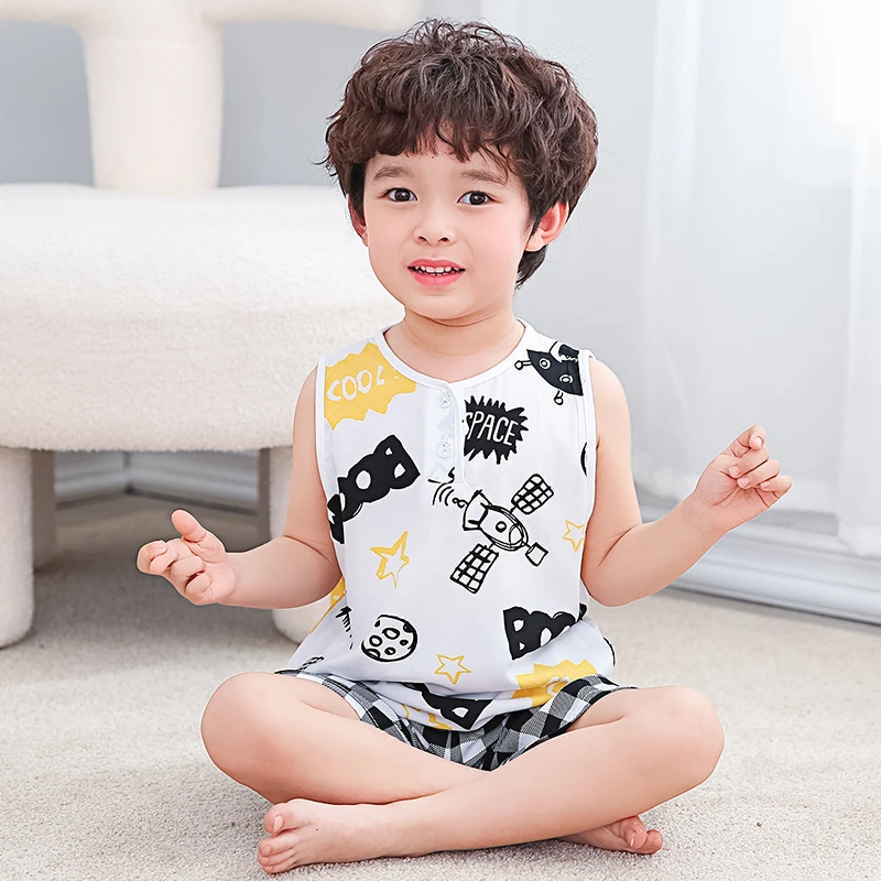 夏季儿童棉绸睡衣薄款男童女童绵绸背心短裤套装男孩空调服家居服