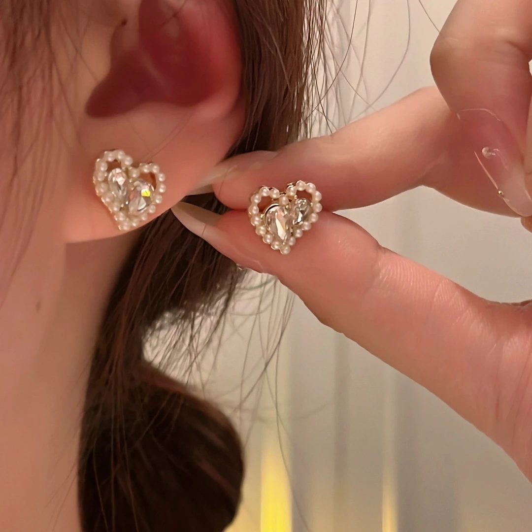 锌合金耳饰 2对装温柔甜美设计感珠珠爱心耳钉