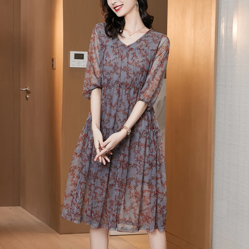 1028# 夏季新品气质冰凉台湾纱裙子女亲肤透气宽松遮肚碎花连衣裙