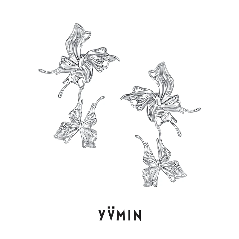 YVMIN/尤目 925银耳饰 液态蝴蝶系列 倒影双蝴蝶925银耳环小众