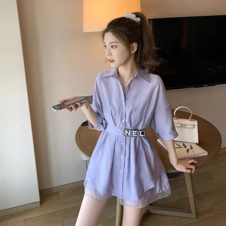新款紫色衬衫裙套装女2024夏收腰女神范连衣裙矮小个子雪纺两件套