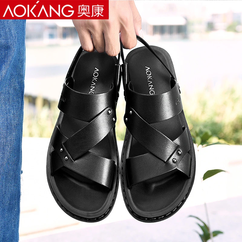奥康凉鞋男夏季真皮软底韩版潮流头层牛皮休闲两用外穿沙滩凉拖鞋