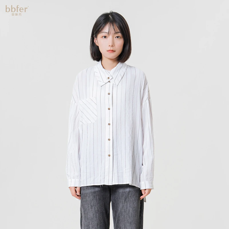 BBFER本依凡秋季女士双领宽松休闲条纹开襟衬衣长袖衬衫ETSCY0108