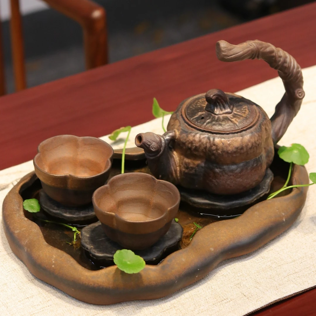 暖小瓷鎏金创意荷塘茶盘日式粗陶南瓜主人杯提梁壶陶瓷茶壶茶具