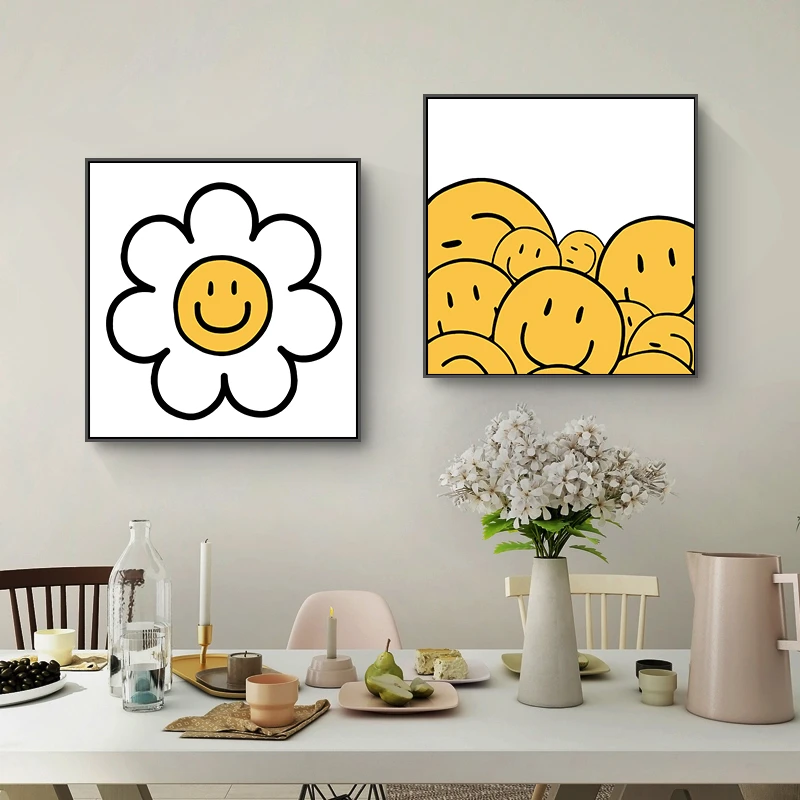 治愈系ins笑脸太阳花装饰画极简微笑摆画儿童房挂画卡通文艺壁画