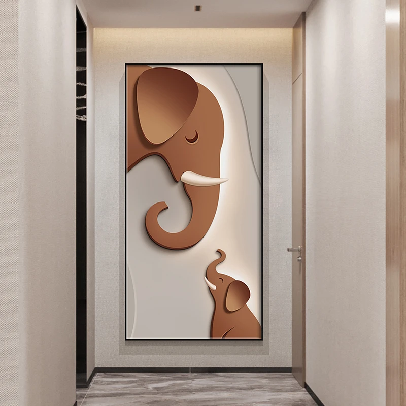 大象寓意好现代简约轻奢风高档竖版正对门玄关装饰画过道走廊挂画