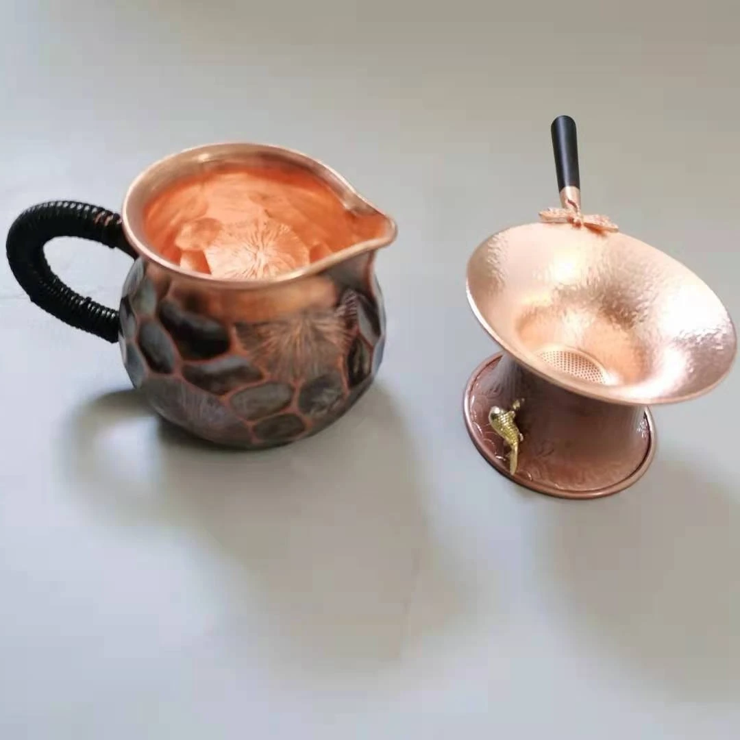 传统錾刻纯铜复古公道杯茶漏茶托