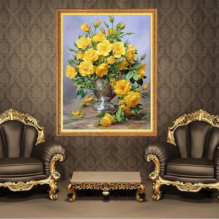 甜心Kes【新款福利】油画花瓶黄玫瑰十字绣大格满绣85X65cm无勾边