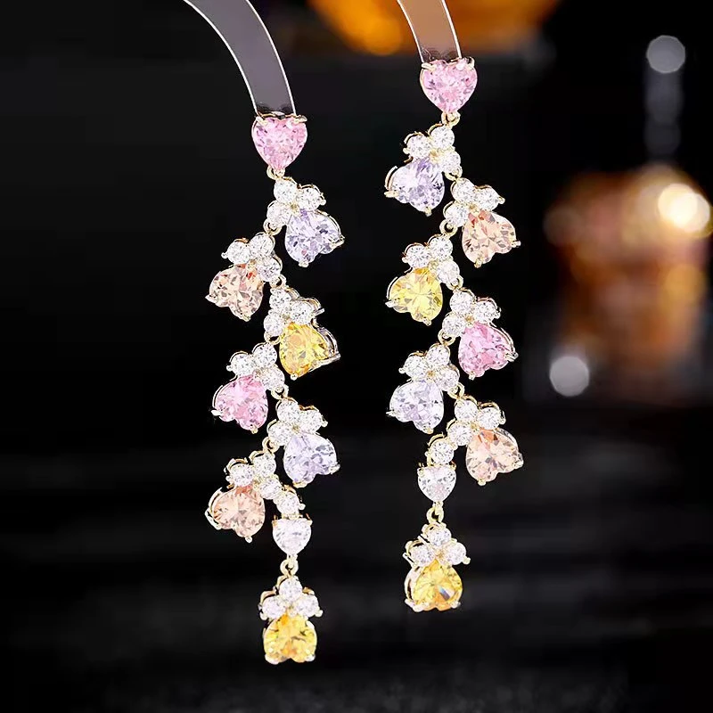 铜合金合成锆石耳饰 050时尚精致大气长款爱心流苏耳环