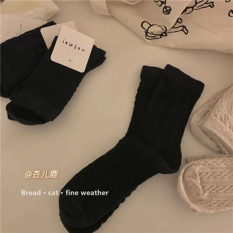 日系纯色袜子女ins潮奶油麻花可爱中筒袜秋冬季简约袜jk制服袜