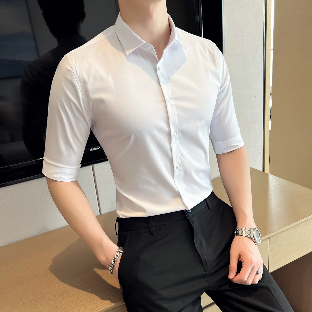夏季韩版修身休闲短袖衬衣男士新款中袖衬衫男潮青年五分袖衬衫男