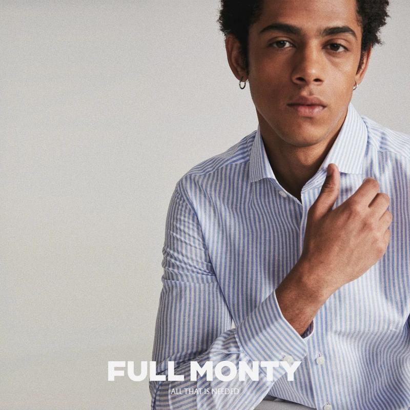 FULL MONTY条纹长袖衬衫男士休闲蓝色衬衣经典商务修身工装棉衬衣