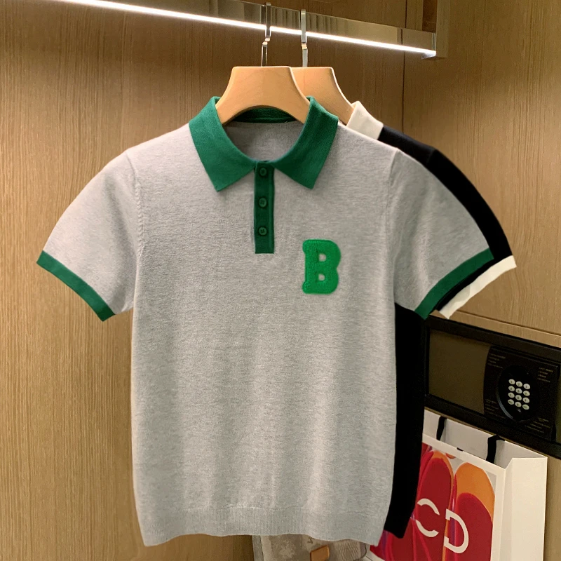 YOMOBROTHER欧美简约字母贴绣短袖t恤男夏季潮流拼色针织polo衫男