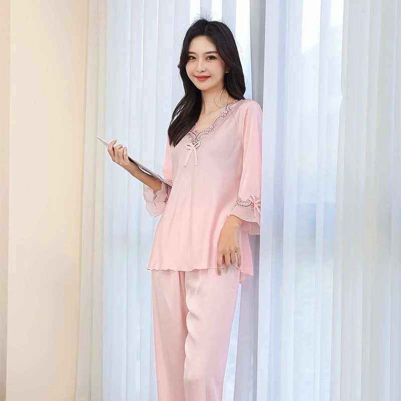 女士薄款宽松七分袖九分裤两件套睡衣夏季薄款家居服宽松大码春秋