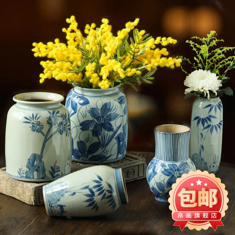 手绘景德镇花瓶花器花盆花插中式陶罐插花摆件复古怀旧仿古