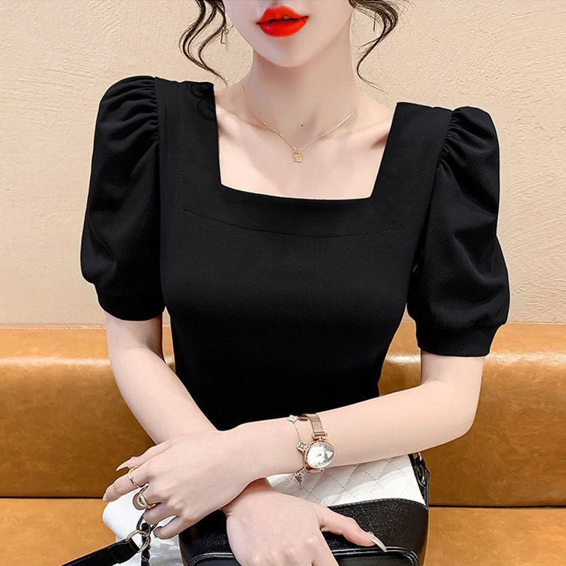 小香风方领锁骨短袖t恤女2022新款夏季修身泡泡袖上衣高级感气质