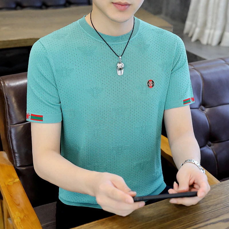 2023新款半袖夏季男士圆领绣花冰丝短袖T恤冰麻针织上衣时尚薄款