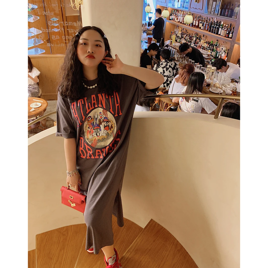 Dazi金大支长款T恤圆领连衣裙夏季宽松遮肉韩版长裙小众微胖1079