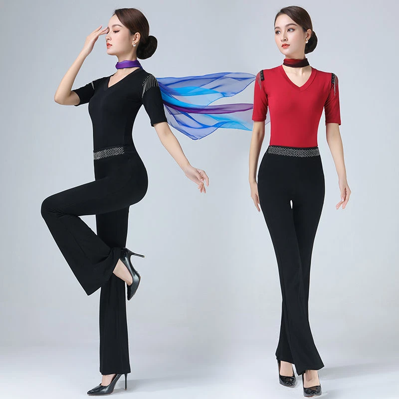 网红新款夏季形体服紧身礼仪舞蹈服连裆分体喇叭裤形体广场舞服装