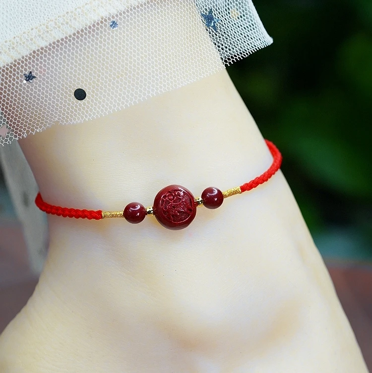 红绳编织朱色砂石脚链手链同款可调节大小手工脚绳